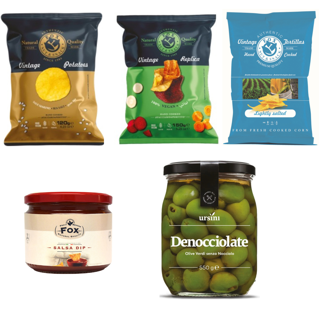 Italian aperitivo snacks and olives gift box